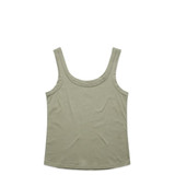 A soft green singlet with a rounded neckline and wide straps, featuring a logo.