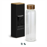 A drink bottle with a transparent glass body and wooden lid, presented with a black box featuring a logo. A drink bottle with a transparent glass body and wooden lid, presented with a black box featuring a logo.