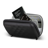 A black travel pouch with a zipped closure, featuring a passport and other documents inside. It has a logo. A black travel pouch with a zipped closure, featuring a passport and other documents inside. It has a logo.
