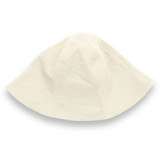 A cream-coloured Byron Bucket Hat with a wide brim and a simple design. It has a logo on one side.