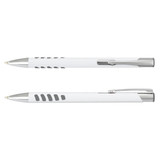 A metal pen with a white barrel and chrome accents, featuring a grip design and a branding logo. A metal pen with a white barrel and chrome accents, featuring a grip design and a branding logo.