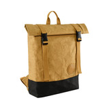 A kraft paper laptop backpack in tan and black, featuring a roll-top design and a logo badge.
