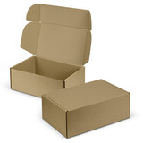 A brown die cut box with a locking lid, partially open, displayed next to a closed version of the box. A brown die cut box with a locking lid, partially open, displayed next to a closed version of the box.