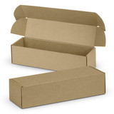 A brown die cut box with a locking lid, dimensions 295x76x76mm, displayed in an open position. A brown die cut box with a locking lid, dimensions 295x76x76mm, displayed in an open position.