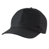 A black five-panel cap with a structured design and a small logo on the side.