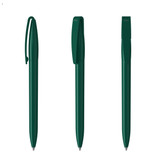A set of three green plastic pens with clips, featuring a smooth design and a logo on each pen. A set of three green plastic pens with clips, featuring a smooth design and a logo on each pen.