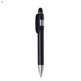 A black plastic pen with a silver clip and a rounded top, featuring a logo on the side. A black plastic pen with a silver clip and a rounded top, featuring a logo on the side.