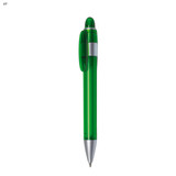 A green plastic pen with a silver clip and tip, featuring a logo on the barrel.