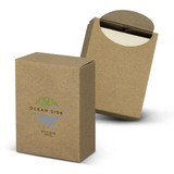 A box of travel tissues in a natural brown colour, featuring a logo on the front.