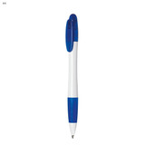 A plastic pen with a blue grip and a white barrel, featuring a blue clip and a logo.