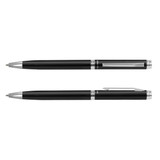 A metal pen set in black with silver accents, featuring a sleek design and a clip for easy attachment. A metal pen set in black with silver accents, featuring a sleek design and a clip for easy attachment.