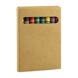 A pack of crayons arranged in a row, enclosed in a brown cardboard cover with a cut-out window.