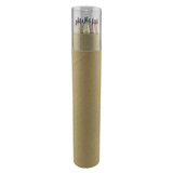A cylindrical tube containing coloured pencils, with a clear plastic lid showcasing a range of hues.