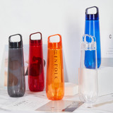 A drink bottle collection featuring grey, red, orange, blue, and clear options, each with a handle and branding.