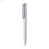 A silver plastic pen with a sleek design and a clip for easy attachment. It features a logo on its body.