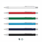 A collection of six metal pens in white, red, green, blue, navy, and black, each featuring a silver clip and accents.