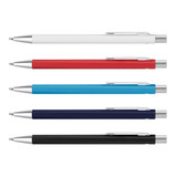 A set of metal pens in white, red, blue, navy, and black, featuring a silver clip and branding.