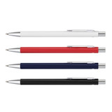 A collection of four metal pens in white, red, navy, and black, each featuring a silver clip.