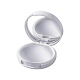 A white lip gloss container with a mirror and a hinged lid, featuring a smooth, empty interior.