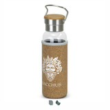 A drink bottle with a clear glass body, cork sleeve, and a stainless steel cap featuring a logo design.