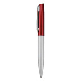 A metal pen with a red upper section and a silver lower section, featuring a clip and a logo.