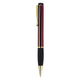 A metal pen with a glossy red and black finish, featuring a gold clip and a textured black grip.