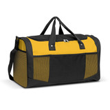 A black and yellow duffle bag with a mesh side pocket and dual handles, featuring a logo on the side.