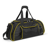 A black duffle bag with yellow accents, featuring multiple pockets and a shoulder strap. It has a logo.