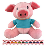 A pink pig plush toy with a blue shirt, surrounded by smaller pig plush toys in various coloured shirts.