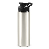 A drink bottle in silver stainless steel with a black snap cap and a handle. It features a logo on the side.