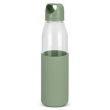 A drink bottle with a clear glass body and a matte green silicone sleeve. It features a green lid and has a logo. A drink bottle with a clear glass body and a matte green silicone sleeve. It features a green lid and has a logo.