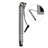 A metal stylus pen in grey, featuring a clip and a removable tether for attachment to devices.