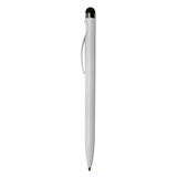 A white plastic pen with a sleek design, featuring a black tip and a clip. It has a logo on the side.