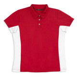 A red women’s polo shirt with white side panels and a collar, featuring buttons and a logo.