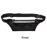 A black waist fitness belt with two zippered pockets and an adjustable strap. Features a logo.