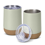A drink bottle set in pale green and cork, featuring removable lids and a sleek design. Branding visible on the cup. A drink bottle set in pale green and cork, featuring removable lids and a sleek design. Branding visible on the cup.