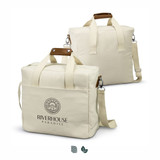 A cream cooler tote bag with brown leather handles, featuring a logo on the front. Shows front and back views. A cream cooler tote bag with brown leather handles, featuring a logo on the front. Shows front and back views.