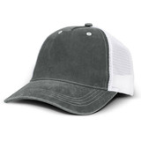 A faded grey trucker cap with a white mesh back and a curved brim. It features a logo on the front. A faded grey trucker cap with a white mesh back and a curved brim. It features a logo on the front.