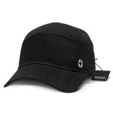 A black Swiss Peak 5 Panel Cap featuring a logo on the side and a curved brim. A black Swiss Peak 5 Panel Cap featuring a logo on the side and a curved brim.