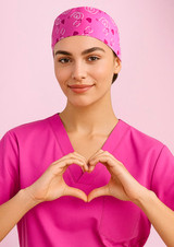 A unisex pink printed scrub cap with a pattern, worn by a smiling model in matching pink scrubs.
