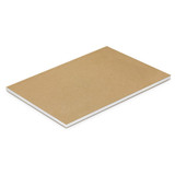 A large brown notebook with a plain cover and white edges, featuring a logo on the front.