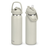 A drink bottle in light grey with a flip straw and handle, featuring a branded logo. A drink bottle in light grey with a flip straw and handle, featuring a branded logo.
