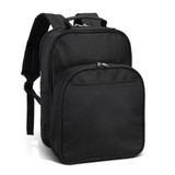 A black picnic backpack with multiple compartments and adjustable straps, featuring a logo on the front.