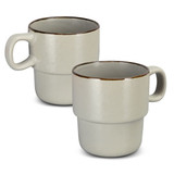 A set of two stackable coffee mugs in a soft grey colour, featuring a brown rim and a simple handle design. A set of two stackable coffee mugs in a soft grey colour, featuring a brown rim and a simple handle design.