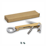 A wooden wine waiters knife with a chrome bottle opener, corkscrew, and knife, displayed with a cardboard packaging.