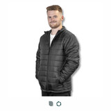 A unisex black puffer jacket with a zip front and side pockets, featuring a logo on the chest. A unisex black puffer jacket with a zip front and side pockets, featuring a logo on the chest.