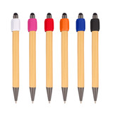 A collection of bamboo stylus pens in various colours: white, pink, red, orange, blue, and black. Each has a soft tip and a logo.