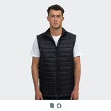 A unisex puffer vest in black, featuring a zip front and a collar, worn over a white t-shirt.
