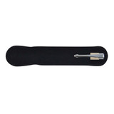 A sleek black eco pen with a silver tip, displayed on a black felt background. The product features a logo.