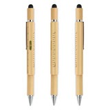 A Bamboo Tool Pen with a ruler and spirit level, featuring a black stylus tip and metallic accents.